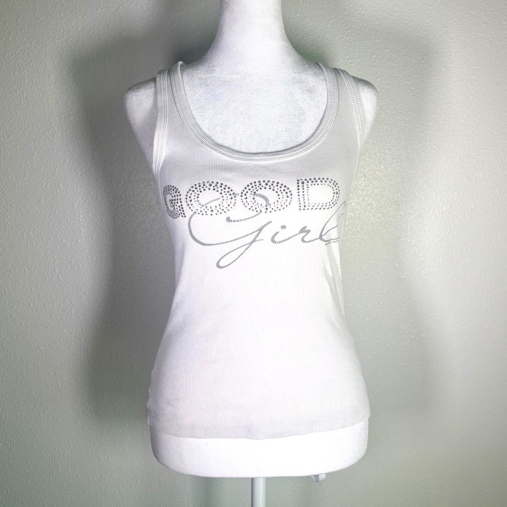 2000s Vtg Y2K Bebe Sport Womens Good Girl Rhinestone Ribbed Tank Top White Small